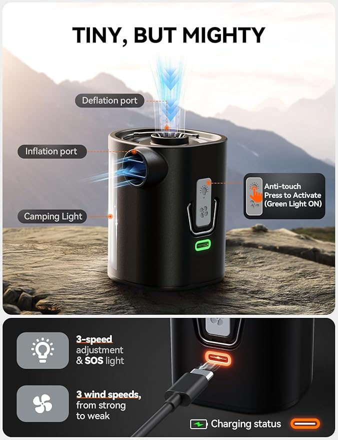 JOYROOM Air Pump for Inflatables, 3600 mAh Battery & Camping Light Portable Air Pump, 4.8kPa Ultra-Fast and Mini Electric Air Mattress Pump