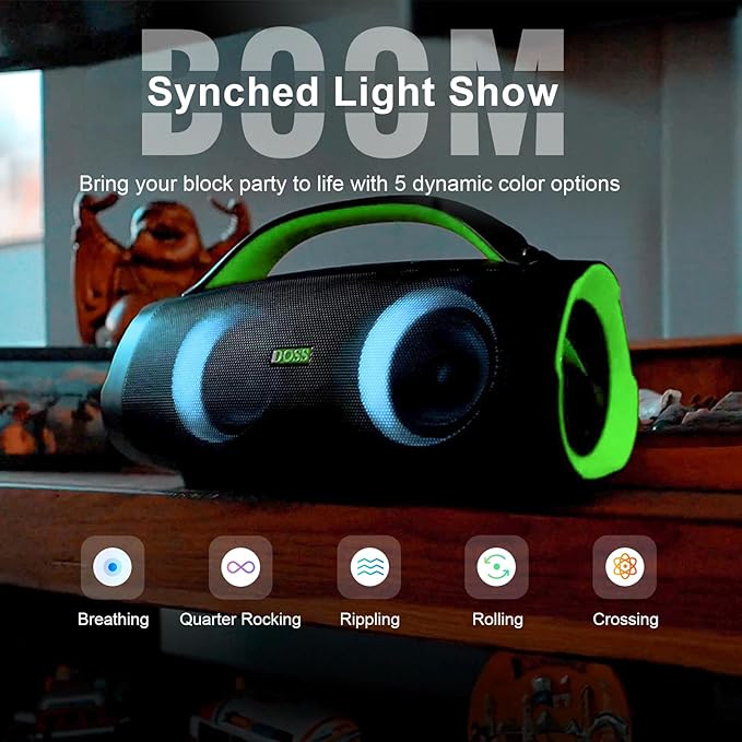 DOSS Extreme Boom Pro Loud Bluetooth Speaker with 100W Stereo Sound, Extra Bass, 20H Playtime, Party-Sync Led Lights, Built-in Power Bank, IPX6 Waterproof for Outdoor, Camping, Pool-Green