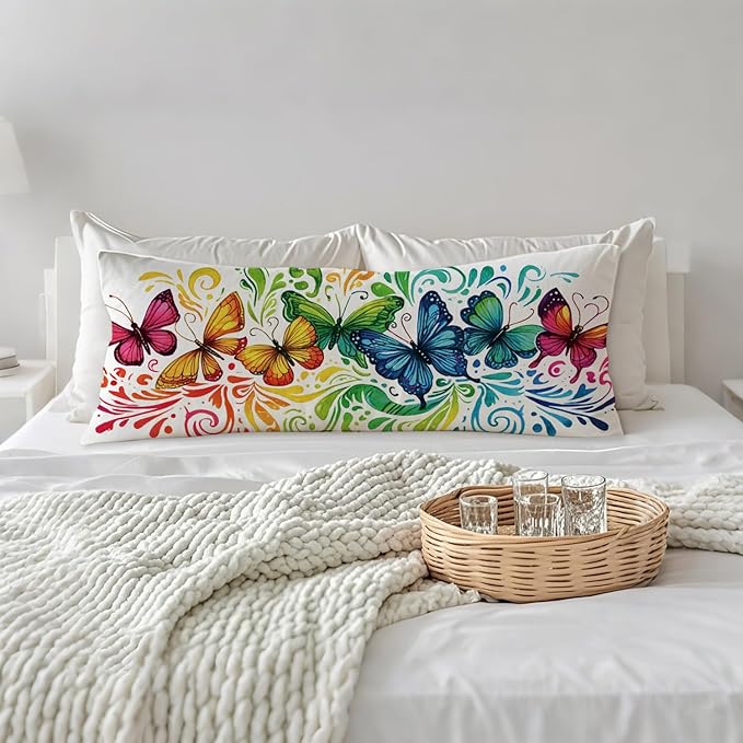 Colorful Rainbow Butterfly 20x54 Body Pillow Cover, Butterfly Lover Gifts for Women Girls Decorative Long Body Pillow Cases for Bed Couch