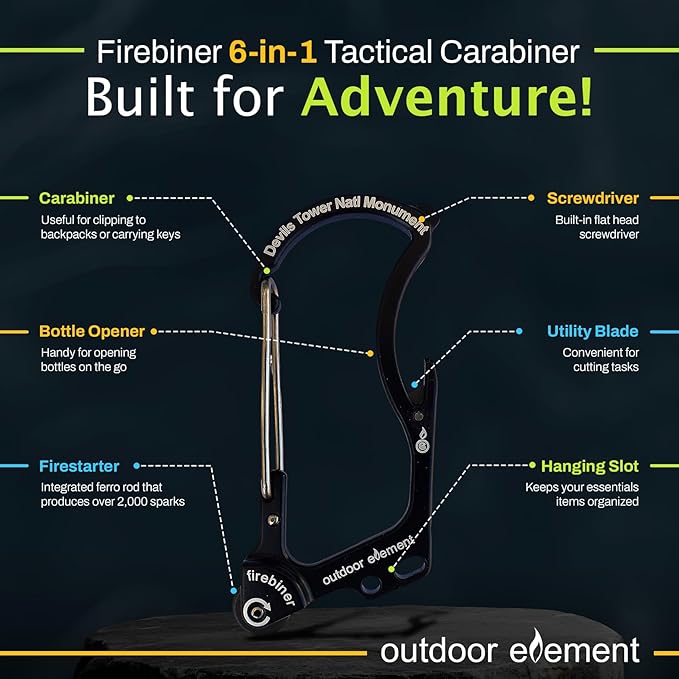 OUTDOOR ELEMENT Firebiner Custom Engraved 6-in-1 Fire Starter Carabiner Multitool – Survival Gear EDC Keychain with Utility Blade, Bottle Opener, Screwdriver, Emergency Tool