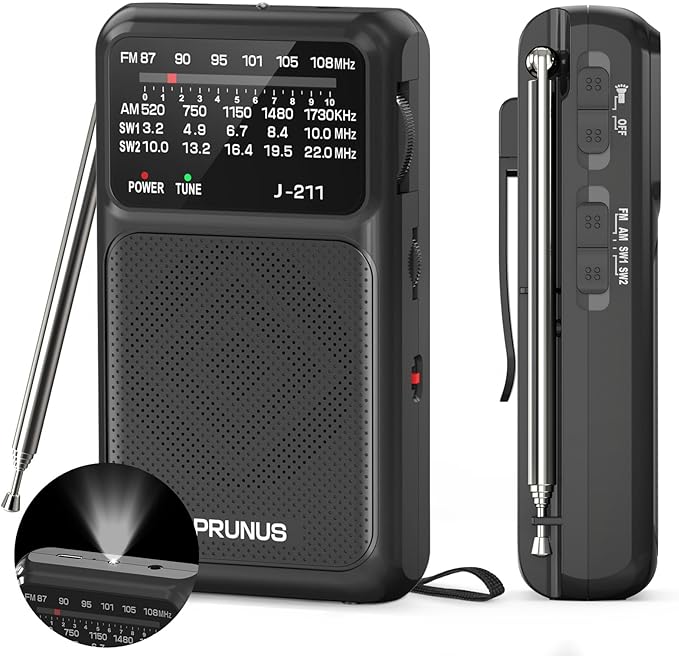 PRUNUS J-211 Portable Radio AM FM with USB C Charging and AA Battery Operated, Transistor Radio, Strong Reception& Clear Speaker, Headphone Jack, Back Clip, Lanyard, Small Radios Portable AM FM