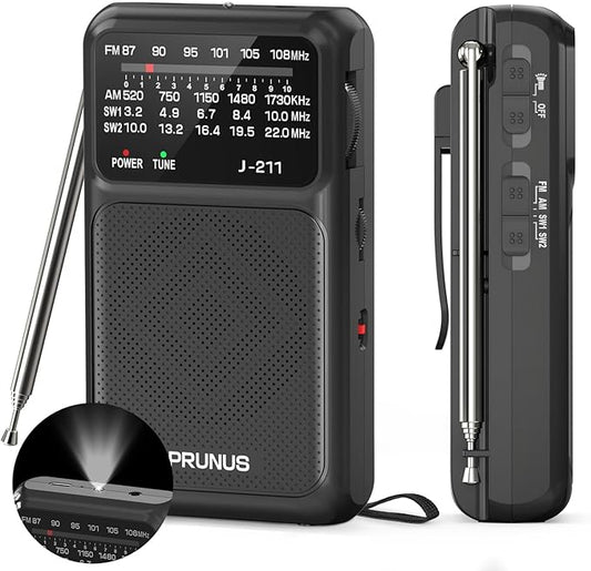 PRUNUS J-211 Portable Radio AM FM with USB C Charging and AA Battery Operated, Transistor Radio, Strong Reception& Clear Speaker, Headphone Jack, Back Clip, Lanyard, Small Radios Portable AM FM