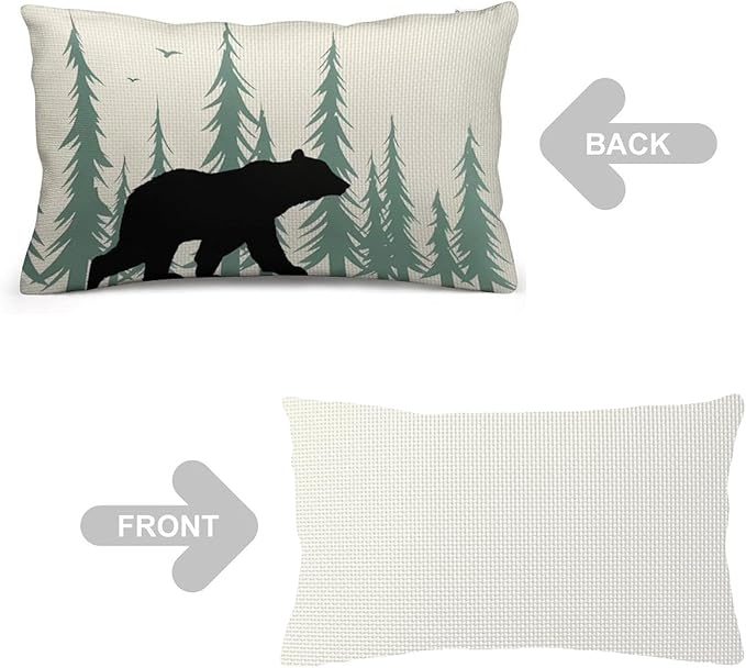 ITFRO Set of 2 Birthday Gift Wildlife Bear Throw Pillow Cover Pine Tree Forest Cotton Linen Lumbar Animal Cushion Case Farmhouse Home Decor for Bed Sofa Couch 12x20 Inches (Beige and Green)