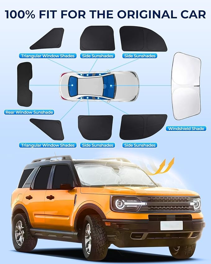for Ford Bronco Sport 2021-2025 Car Window Shades, 8pcs Privacy Sun Shade Set for Front Windshield Side and Rear Windows, Full Window Covers Keeps Vehicle Cool for Camping Napping
