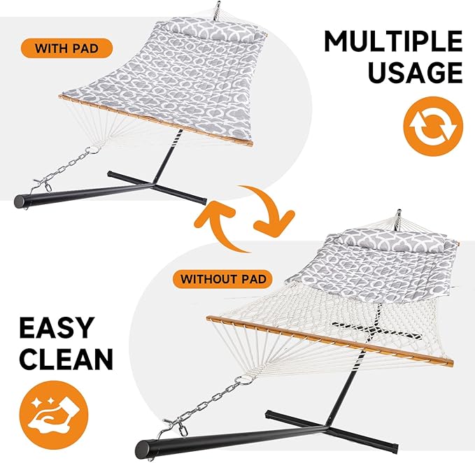 Everyfun 2 Person Outdoor Hammock with Stand, Cotton Rope Hammock with Polyester Pad, Adjustable Steel Frame, Portable with Carrying Bag – for Patio, Backyard, Garden, Beach, Cloud-Gray