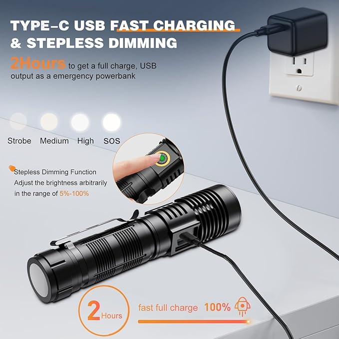 Hoxida LED Rechargeable Flashlights High Lumens - 1500 Meters Long Beam Super Bright LED Magnetic Flashlight USB Zoomable 5Modes Small Long Beam Spotlight Flashlight for Hiking, Camping, 3pcs