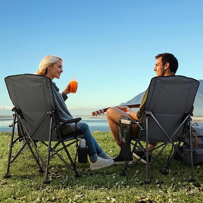 Overmont Heated Camping Chair with High Back - 3 Heat Levels 2-Zone Separately Heating - 450 LBS Support Heavy Duty Folding Chair Portable for Adults Patent No.: US D1.028.543S - Battery NOT Included