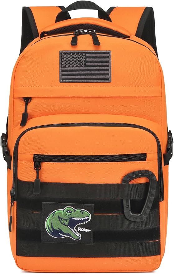 Kids Tactical Backpack Army Molle Bookbag Military Boys Backpack for School, Outdoor, Camping (Includes 2 Patches+1Carabiner), Orange