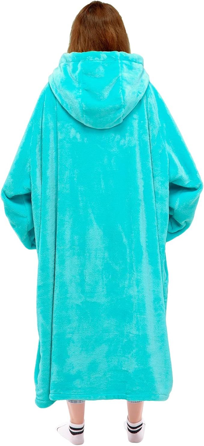 Waitu Wearable Blanket Sweatshirt for Women and Men, Super Warm and Cozy Giant Blanket Hoodie, Thick Flannel Blanket with Sleeves and Giant Pocket - Cyan