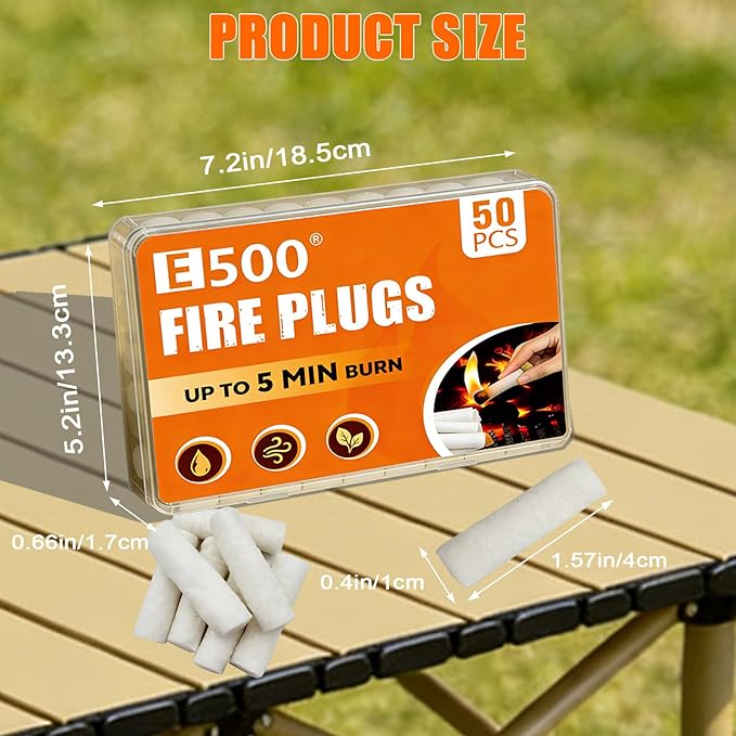 E500 Fire Plugs, 50 Pack Fire Starters with 5+ Minute Burn Time, Easy Ignition Fire Starter for Camping, Fire Pits, BBQ & Emergencies