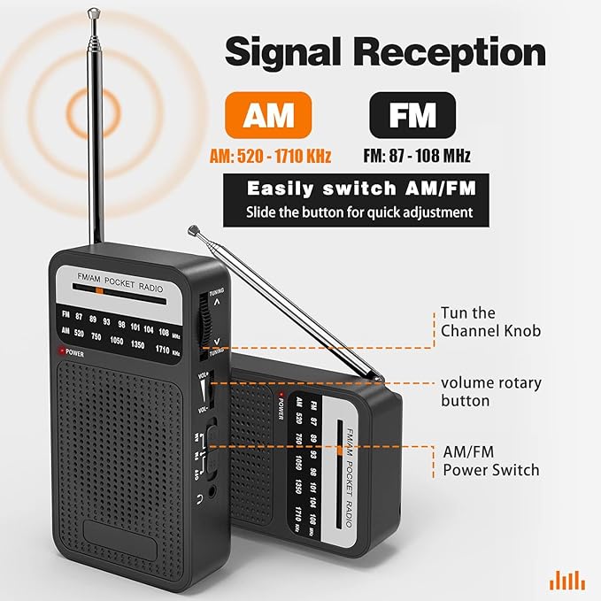 Portable Radio AM FM with Best Reception, Goodes Transistor Radio with Loud Speaker, 2AA Battery Operated, Headphone Jack for Indoor, Outdoor and Emergency Use-Black