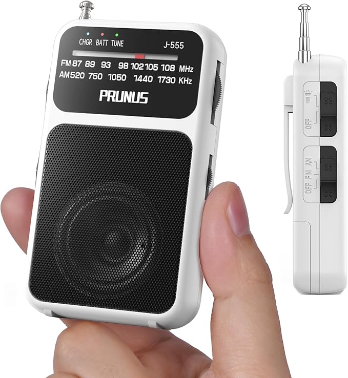 PRUNUS J-555 Pocket Radio AM FM USB-C Charging& Battery Operated, Excellent Reception& Clear Speaker and Headphone Jack, Back Clip, Flashlight, Transistor Radio, Portable Radios AM FM, Mini Radios
