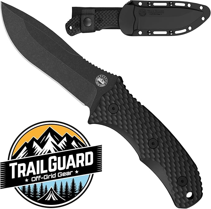 Off-Grid Gear TRAILGUARD Camping & Tactical Fixed Blade Knife, Stainless Steel Blade, Grippy FRN Scales, Sheath, Built For Campers, Preppers, Hunters, Fishermen, Survivalists, Handymen, Boaters, Bug Out Bag (Blackout)