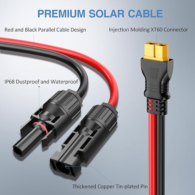 Solar to XT60 Extension Wire (15ft, 12AWG) for Ecoflow Generator and Portable Power Station