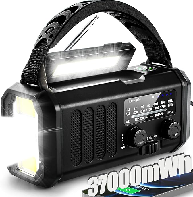 QAUYYW Hand Crank Emergency Radio,37000mWh Solar Powered Portable NOAA AM FM Weather Radio with 3Mode Flashlight and Reading Light,Cell Phone Charger,Home and Emergency Distress Signal (Black)