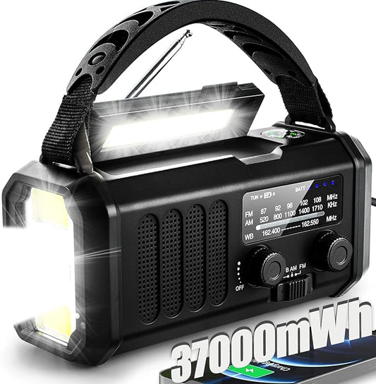 QAUYYW Hand Crank Emergency Radio,37000mWh Solar Powered Portable NOAA AM FM Weather Radio with 3Mode Flashlight and Reading Light,Cell Phone Charger,Home and Emergency Distress Signal (Black)