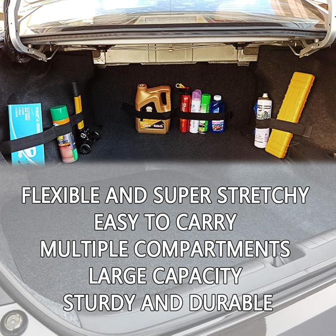 Elastic Car Trunk Organizer Straps with Hook and Loop Tape+2 "Pocket,20"/27.5" Car Organizers,Organize the Cluttered Trunk Keeps Items from Rolling Around (20inch Long)