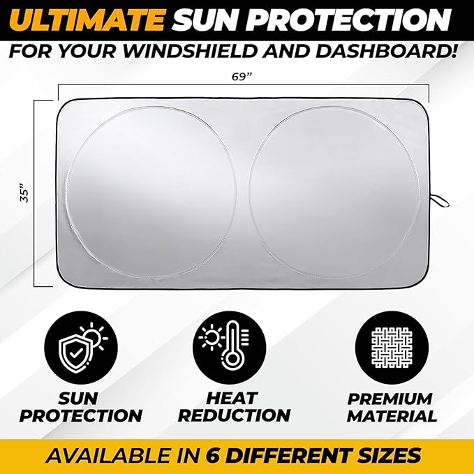 X-Large Truck Front Windshield Sun Shade (69" x 35") – 280T Thickened Reflective Sunshade, Blocks 99% Heat & UV Rays, Foldable Windshield Sunshade Keeps Vehicle Interior Cool