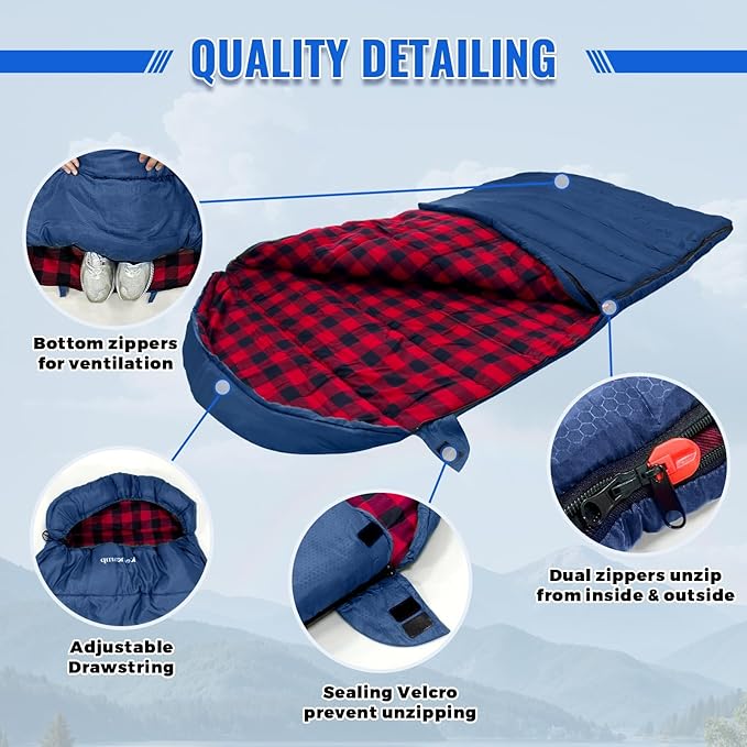 Keencamp 0 Degree Sleeping Bag Cotton Flannel Winter Cold Weather for Adults XXL Sleeping Bag 4 Season Big and Tall with Pillow Compression Sack