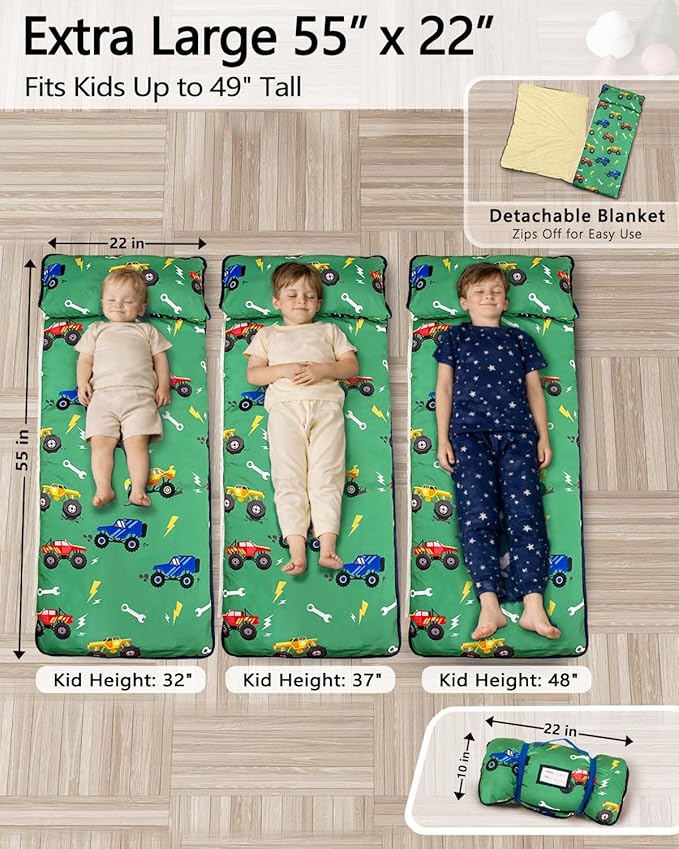 Primlect Toddler Nap Mat Extra Large Thickened 55''x35'', Soft Sleeping Bag with Detachable Minky Blanket and Pillow, Portable for Daycare, Preschool, Kindergarten, Travel, Boys and Girls