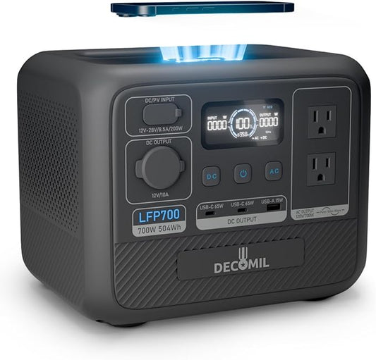 DECOMIL LFP700 Portable Power Station, 504Wh LiFePO4 Battery, 700W AC Output (1200W Peak), Wireless Charging, 80% in 50 Min, Solar Generator for Camping, Emergency, Home Backup (Solar Optional)