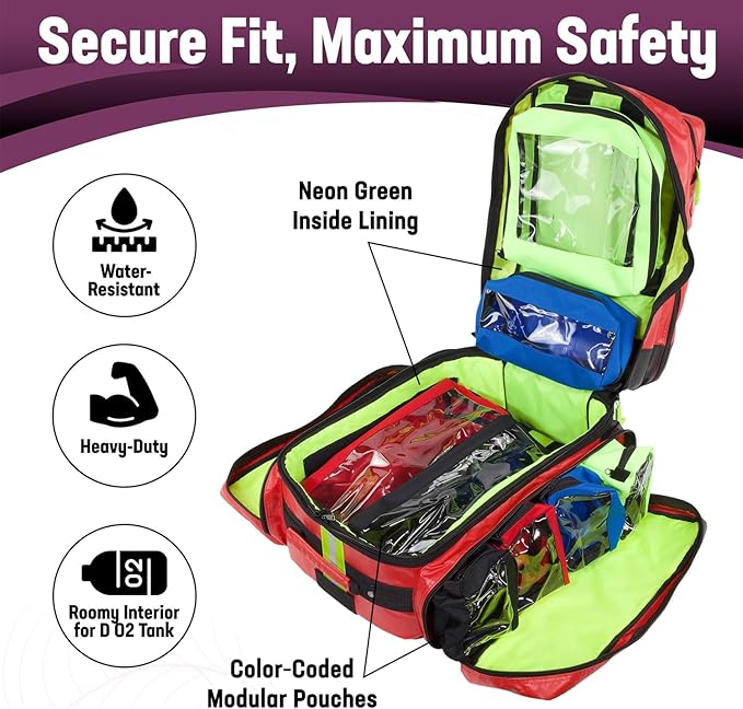 Kemp USA Heavy-Duty EMT Bag, Made with Fluid-Resistant Tarpaulin Material - Emergency Survival Kit with Room for D O2 Tank - Medical Backpack with Multiple Handles (Tarpaulin Fabric Red)