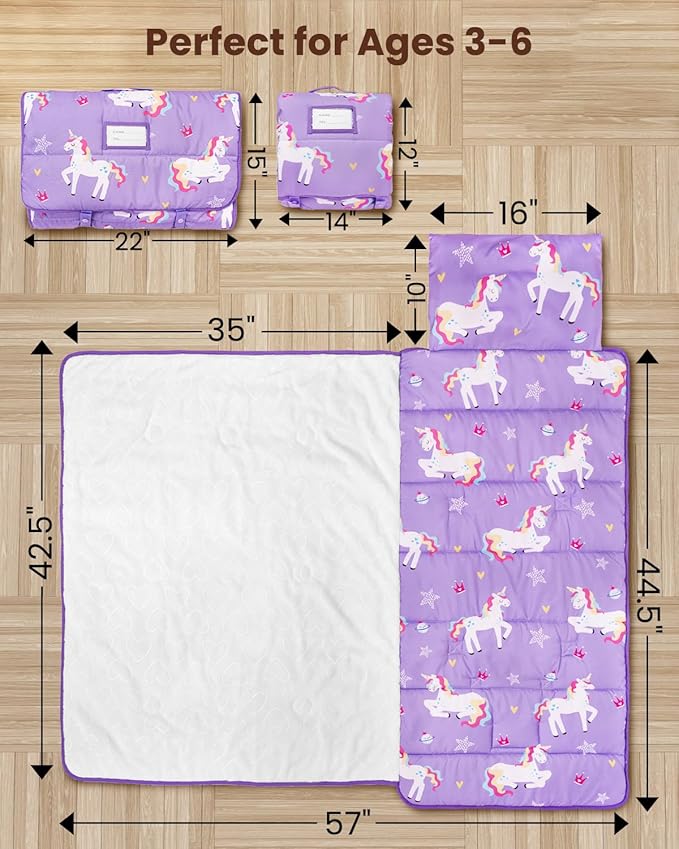 Primlect Toddler Nap Mat with Removable Pillow and Flannel Blanket, Portable Sleep Bag for Kids, Easy to Roll up, Washable, Perfect for Daycare, Preschool, Boys and Girls, 3-6 Years