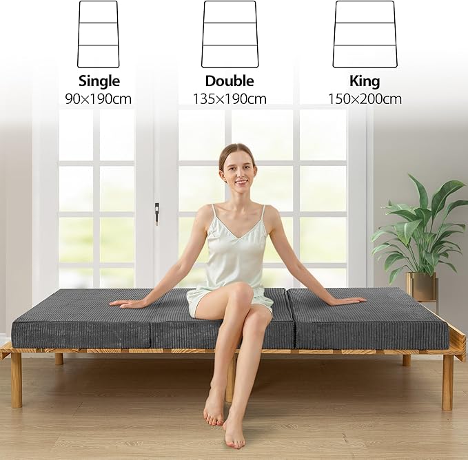 BYBYME Corduroy Tri-Folding Mattress, 6 Inch Folding Mattress Topper, Foldable Soft Guest Bed Camping Pad, with Washable Cover (Dark Grey, Queen)