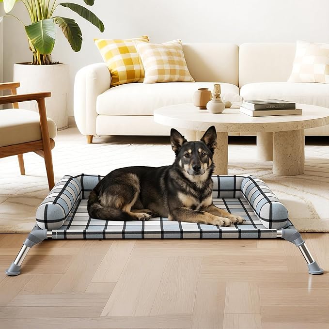 Elevated Pillow Bolster Dog Bed - Raised Dog Beds with Bolster Portable Lifted Washable Pet Cot Bed with Stainless Steel Frame Dogs Hammock Bed for Indoor & Outdoor (Bolster M)