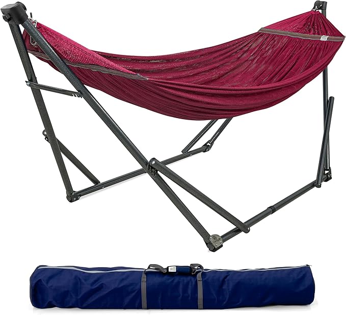 Tranquillo Adjustable Hammock Stand, Collapsible Camping Hammock with Stand, 600 lbs Capacity Hammock Stand for 2 Persons, Foldable Sturdy Noiseless Stand for Active Life Carry Bag Included, Red