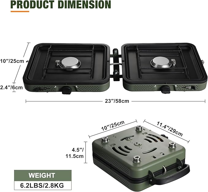 2 Burner Propane Camping Stove,Portable Folding Gas Stove for Camping with 17200 BTU,Two Adjustable Burners with Easy Carrying Handle&Inlet Gas Pipe,Outdoor Camp Stove for Camping Backpacking
