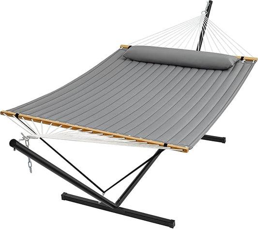 SUPERJARE Hammock with Stand, 2 Person Quilted Outdoor Hammock, Detachable Pillow & Bamboo Spreaders, Portable Hammock with Carrying Bag, Heavy Duty Stand, Perfect for Outside, Patio, Gray
