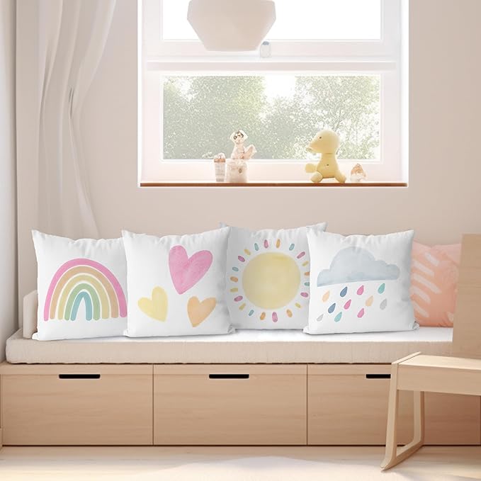 KEUSPI Rainbow Pillow Covers Decor for Toddler Girl Bedroom Little Girl Room Decor Playroom Pillows for Girls Kid Rainbow Room Decor for Nursery Classroom Decor Pastel Pillow Covers 18x18 Set of 4