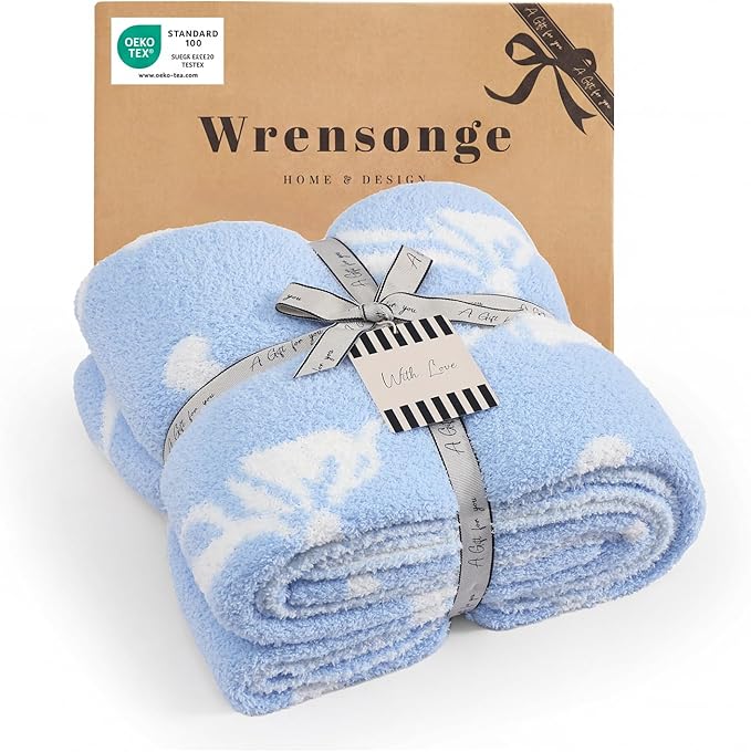 WRENSONGE Blue Bow Throw Blanket Soft Cozy Fluffy Warm Throw for Couch Sofa Bed Camping Picnic Travel Lightweight - 50"*60"