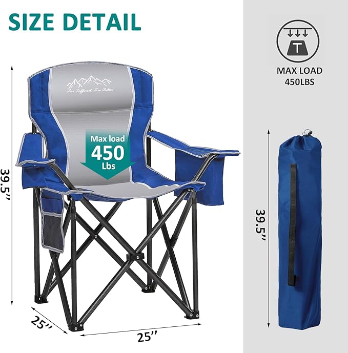 Folding Camping Chair Portable Outdoor Heavy Duty Padded Chairs Lawn Chair with Cup Holder, Storage Pocket and Cooler Bag, Supports 480LBS Blue