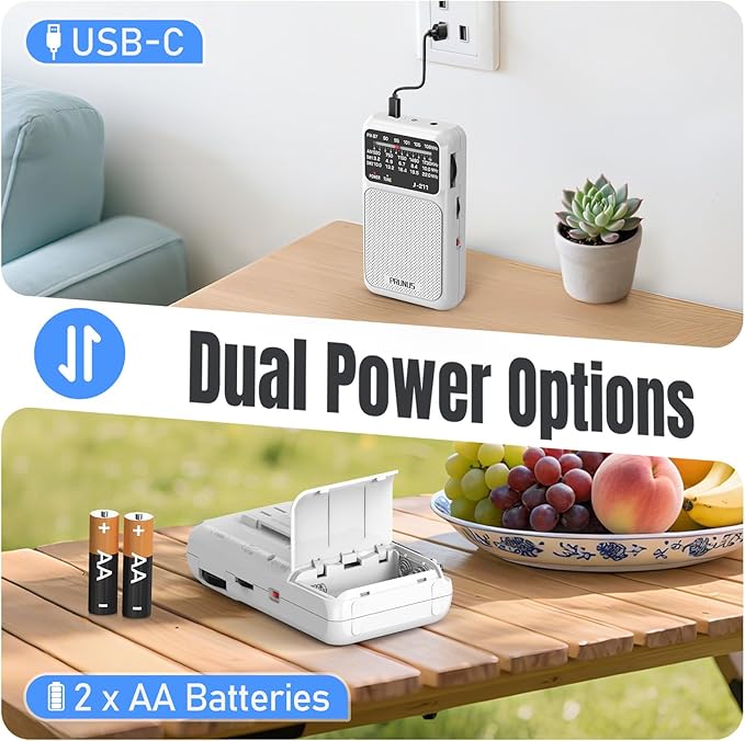 PRUNUS J-211 Portable Radio AM FM with USB Charging and AA Battery Operated, Transistor Radio, Strong Reception& Clear Speaker, Headphone Jack, Back Clip, Lanyard, Small radios Portable AM FM