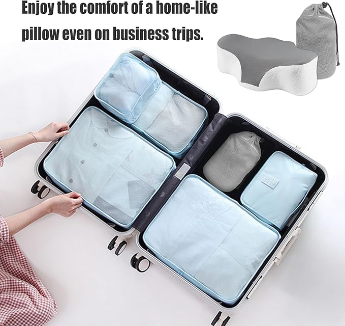 Bespilow Travel Pillow for Sleeping - Memory Foam Cervical Neck Support Pillow for Pain Relief, Camping Pillows for Side, Back and Stomach Sleepers, Cool Cover & Storage Bag for Backpacking,Road Trip