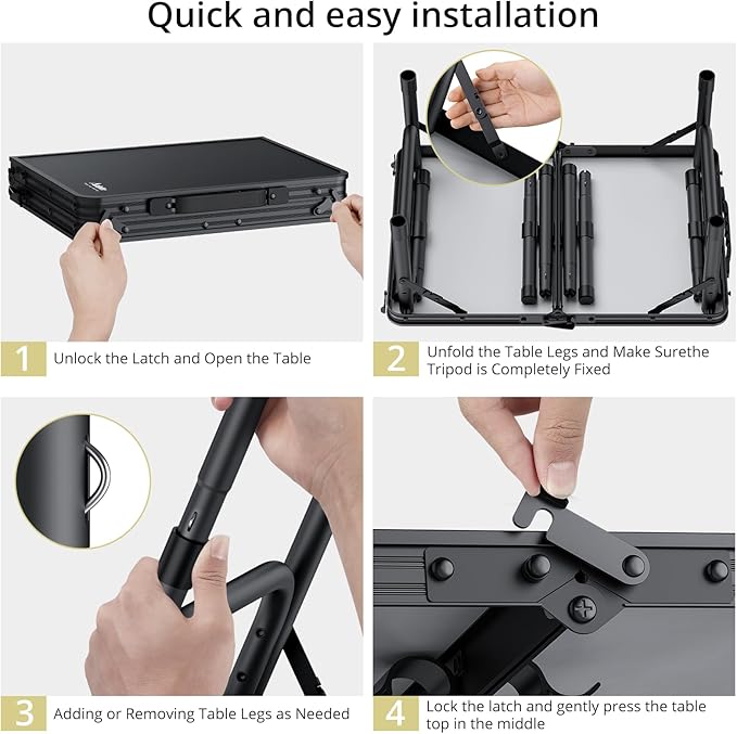 Anbte Folding Camping Table with Storage Net, Pure Black Aluminum 2ft Picnic Table 23.2" x 16" Outdoor Table Adjustable Height Max 27.5", Lightweight, Waterproof, Portable Handle for Travel Cooking