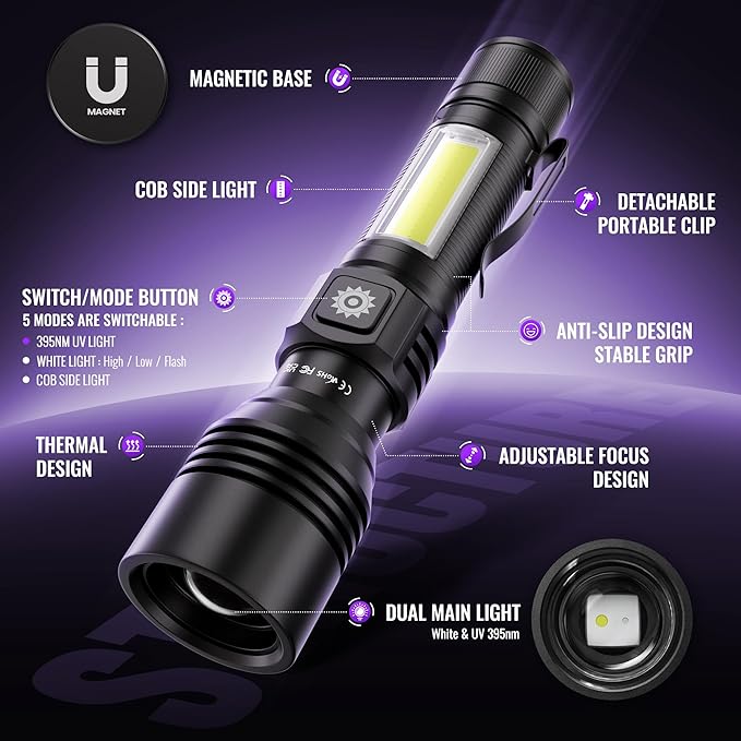 DARKDAWN 3 in1 Super Bright Flashlight & UV Flashlight 395nm, High Lumens USB Rechargeable LED Flashlights,Handheld Portable Flash Lights for Camping, Outdoor Adventure, Pet Urine Stains