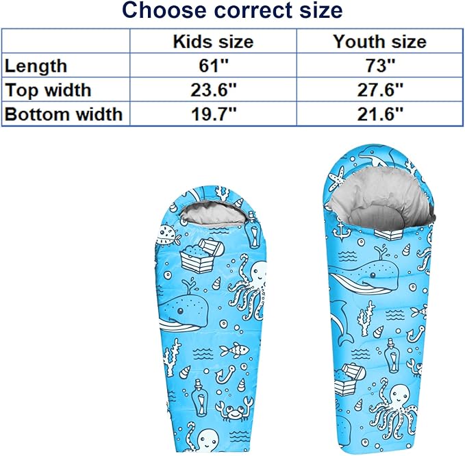 KidzAdventure Mummy Style 32 – 59F Kids Sleeping Bag with Pillow Sleeve, 4 Season, Lightweight and Backpacking Style, Ideal for Camping, Sleepover, Boys, Girls, and Youth