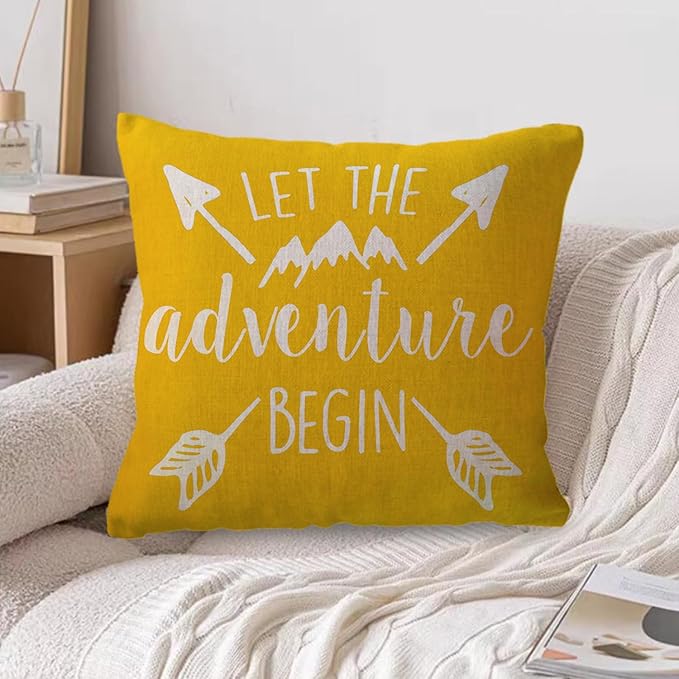 ULOVE LOVE YOURSELF Adventure Arrow Throw Pillow Covers Mountain Forest Pillowcases 18 x 18 Inch Let The Adventure Begin Decorative Cushion Covers for Cabin/Camper (Yellow)