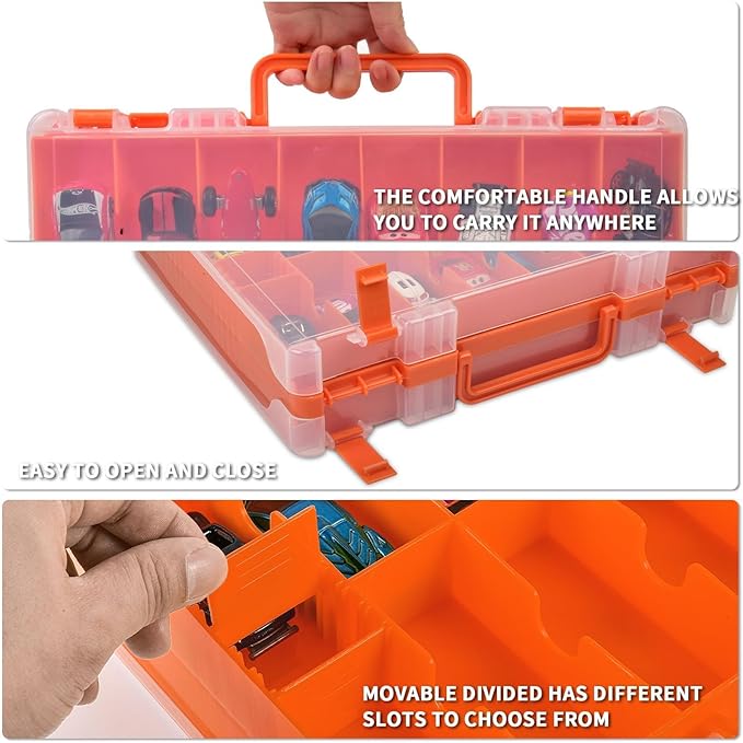 Toy Car Storage Organizer Case Compatible with Hot Wheels/for Matchbox Cars. Display Carrying Container Holder for LOL Surprise Dolls/for Shopkins with 48 Compartments Double Sided-Orange (Box Only)