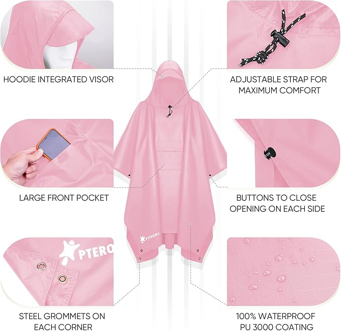 PTEROMY 3-in-1 Hooded Rain Poncho for Adult with Pocket, Waterproof Lightweight Unisex Raincoat for Hiking Camping Emergency