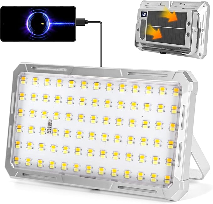 Solar Rechargeable Work Light with Power Bank & Battery Indicator, 178 LED Portable Flood Light with Magnetic Base, 4 Modes IP44 Waterproof Job Site Lamp for Camping, Fishing, Car Repair (Silver Body)