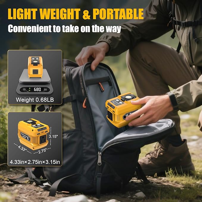 220W Portable Power Inverter Compatible with Dewalt 20V Battery, DC 20V to AC 110V Battery Inverter, Power Station with 400LM LED Work Light, 1 AC Outlet, 2 USB Ports & 1 Type‑C Fast Charging