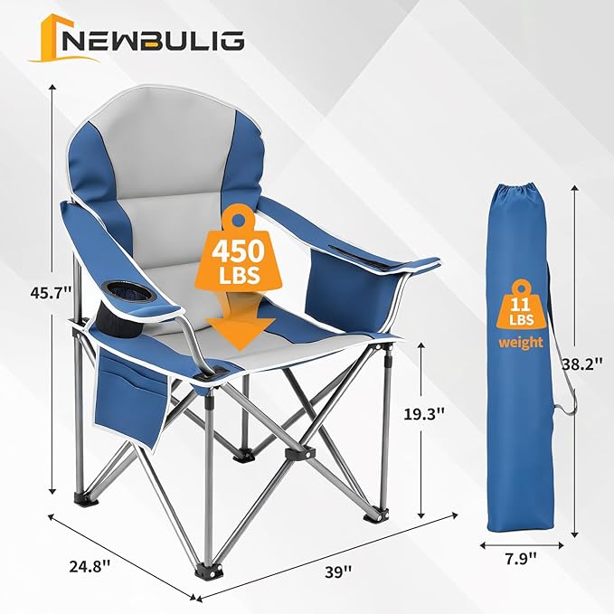 NEWBULIG Oversized Folding Camp Chair for Adults, 500 LBS Heavy Duty Support, Portable Outdoor Collapsible Chairs, with Cup Holders, Side Cooler & Pockets, for Lawn, Beach, Fishing, Hiking, Blue