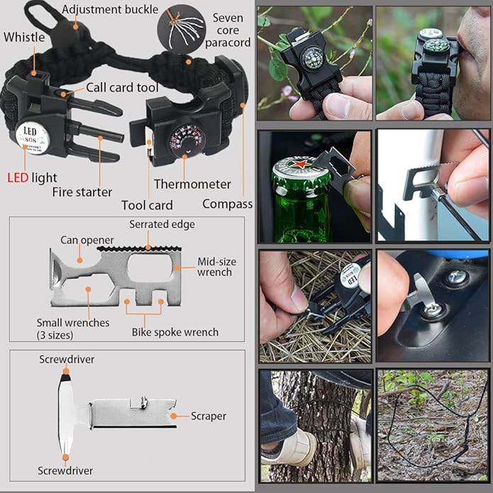 Survival Paracord Bracelet,Fire Starter,Waterproof SOS Light, Compass, Whistle, Adjustable AK87 20 in 1,Outdoor Ultimate Tactical Survival Gear Set,Gift for Kids,Men