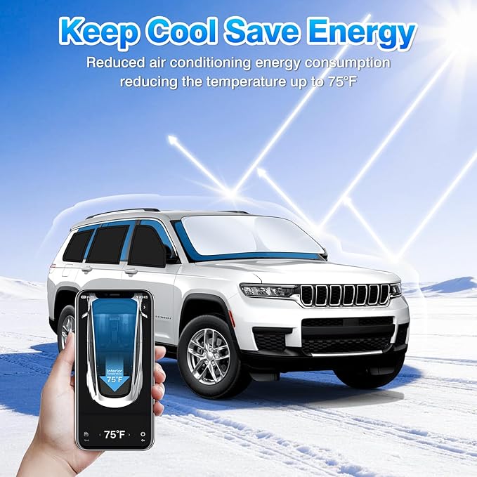 T TGBROS Windshield Sun Shade for Jeep Grand Cherokee L 2021-2024 2025 2026 Car Window Shades Thicken UV Block and Blackout Privacy Foldable Sunshades 8PCS Accessories Keep Cool Sun Visor Covers