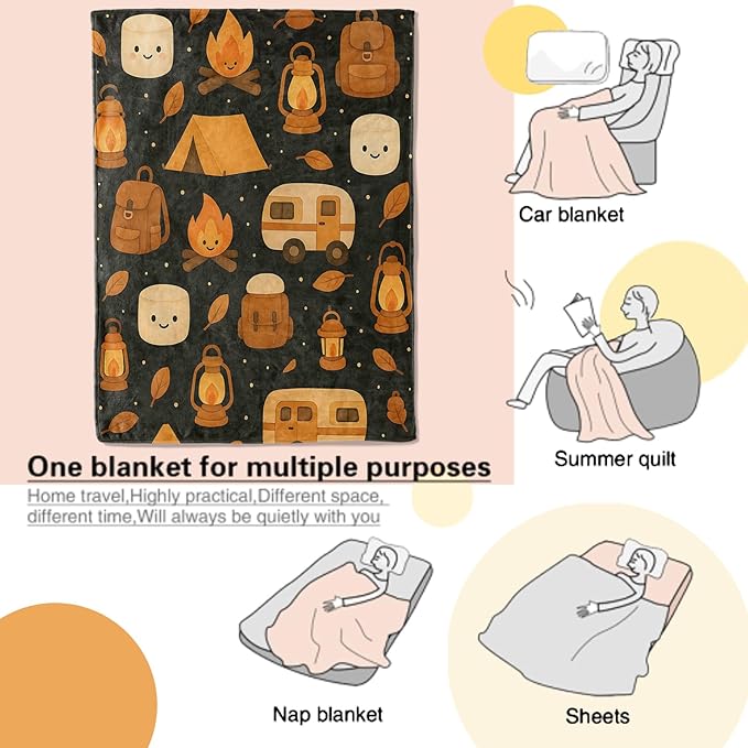 Camping Blanket Cute Cartoon Campfire Tent Marshmallow Lantern and Camper Pattern Throw Blankets Lightweight Flannel Throws for Couch Chair Office Bed Home Decor Gifts for Adults,50x40inch
