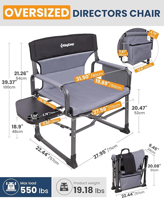 KingCamp XXL Heavy Duty Camping Directors Chair 550lbs Capacity, Extra Wide Oversized Camp Chairs with Side Table & Cooler Bag, Compact Padded Folding Chair for Big and Tall Outdoor Sports Picnic Lawn